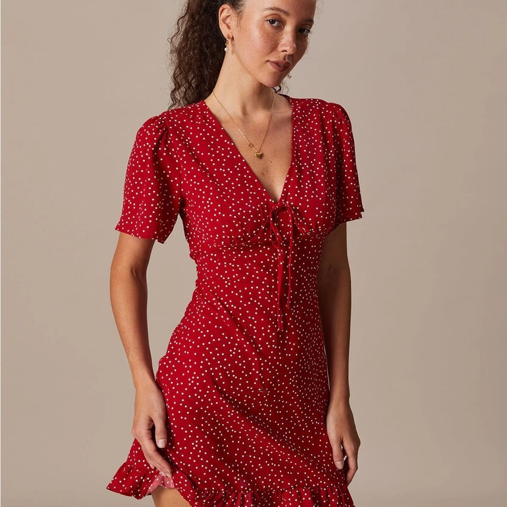 RIHOAS Red Polka Dot Tie-Front Mini Dress